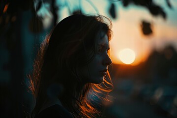 Backlit silhouette of a young woman against a golden sunset, evoking a feeling of longing and the beauty of endings.

