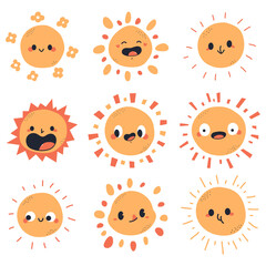 Cute cartoon sun characters vector set isolated on a white background.