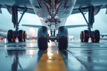 A Dance of Steel and Flight: An Enchanting Close-Up of the Airplanes Front Wheels