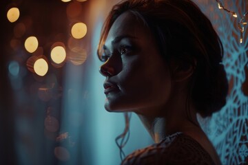 Artistic shot of a woman's profile with dreamy bokeh lights, evoking a feeling of wistful yearning.

