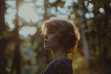 Pensive young woman in a sunlit forest, her gentle gaze and the play of light and shadow evoke a serene and reflective mood.

