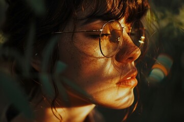 Artistic close-up of a woman with sunlight filtering through foliage, her contemplative look creating a connection between nature and emotion.

