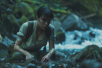 Adventurous woman crouched by a stream in the jungle, exuding resilience and exploration spirit, merging with the untamed wilderness.

