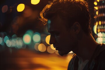 Introspective man in urban night setting, bathed in warm bokeh lights, depicting solitude and contemplation amidst city life.


