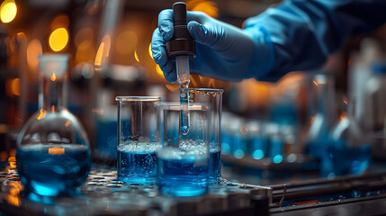 Scientific precision is captured in this high definition image as a gloved hand uses a pipette to transfer a blue chemical solution into a test tube. - obrazy, fototapety, plakaty