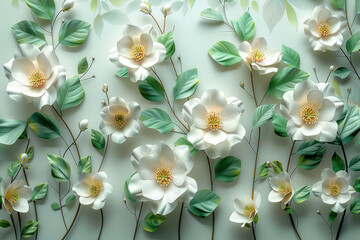  3D wall mural of white flowers and green leaves, all the same size, all the flowers having the exact same spectra as one another. Created with Ai
