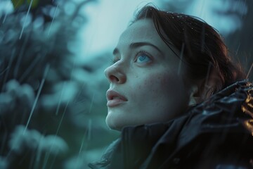 Serene young woman looking upwards in the rain, introspective and hopeful theme, evocative portrait in natural elements

