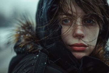 Close-up of a woman in a winter jacket, piercing gaze, outdoor portrait with a melancholic and introspective atmosphere

