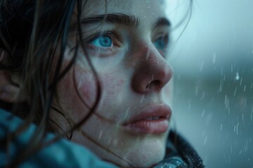 Intimate close-up of a woman in snow, emotive and reflective gaze, evoking a sense of contemplation and solitude

