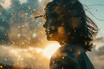 Backlit profile of young woman against sunset, playful water droplets in air, joyful and free-spirited essence


