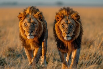 Two Masai lions, majestic carnivorous big cats from the Felidae family, roam side by side in a...