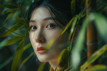 Serene portrait of an Asian woman amidst lush foliage, evoking a sense of tranquility and oneness with nature.

