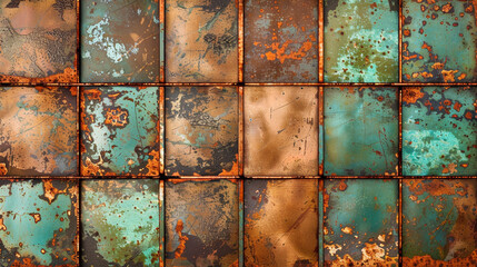 Distressed copper and bronze metal set, patina effects for vintage elegance. - obrazy, fototapety, plakaty
