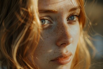 Close-up of a woman with captivating freckles and sunlit eyes, a portrait of natural beauty and a gentle, reflective gaze.

