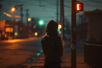 Mysterious ambiance envelops a lone woman at a street crossing, with the red stoplight reflecting the pause in her nocturnal journey.

