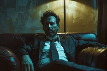 A brooding man sits in a dark room with golden light casting shadows, evoking a film-noir vibe and contemplative solitude.

