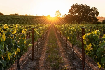 Capture the golden hues of the setting sun over rows of lush grapevines, casting long shadows and...