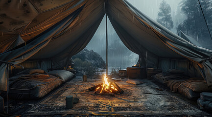 The inside of an open tent have one fireplace, in the style of atmospheric and moody landscapes. Generative AI.