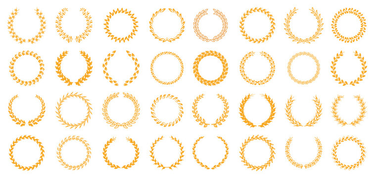 Laurel gold wreath and leaves, winner award for victory and success. Vector flat cartoon style, isolated symbol of triumph and honor, champion prize. Icons or frames for copy space text