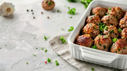 Tasty meat balls in a baking dish on a light background with room for text - obrazy, fototapety, plakaty