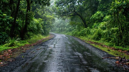 View of the wet road along the forest after rain