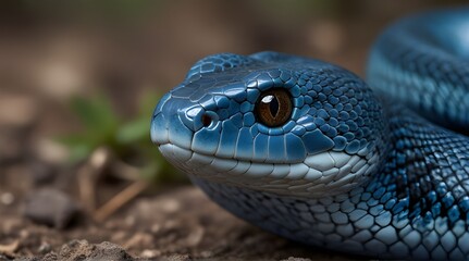 Fototapeta premium close up of the eye of a blue snake on a black background blue viper snake.generativeai