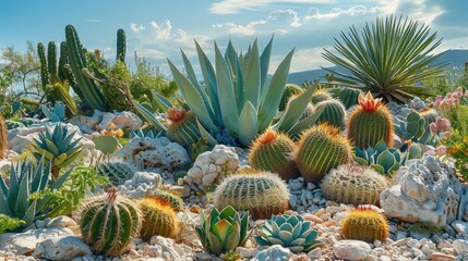 The desert garden is filled with various cacti and succulents. Generative AI.