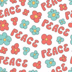 Retro 60s groovy psychedelic seamless pattern background about peace. Cartoon hippie style flowers, hand drawn daisies