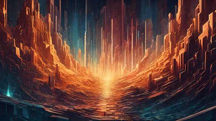 A vibrant landscape depicting a cave illuminated by  flames amidst rocky textures