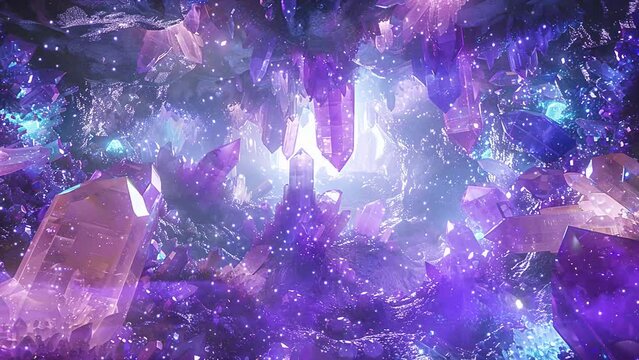 abstract magic background. crystal cavern ballroom within a realm of gems with purple color . seamless looping overlay 4k virtual video animation background