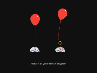 Simple Motivation graphic on dark background. The red balloon and the stone