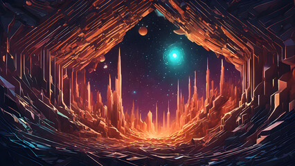 A vibrant landscape depicting a cave illuminated by  flames amidst rocky textures