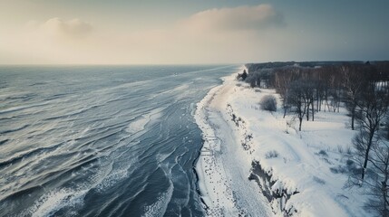 Winter at Baltic Sea. Snowy Hel peninsula. Aerial view of Poland, Europe  - obrazy, fototapety, plakaty
