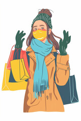 Young woman shopper hands with gloves face mask