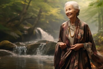 Portrait of a joyful elderly woman in her 90s wearing a chic cardigan on tranquil forest stream