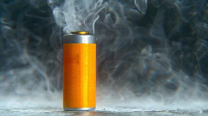 A striking image of a solitary overheated battery against a smoky background, with a visible aura of heat.