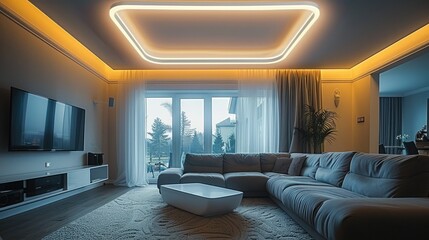 Obraz premium LED ceiling lights in the living room. Generative AI.