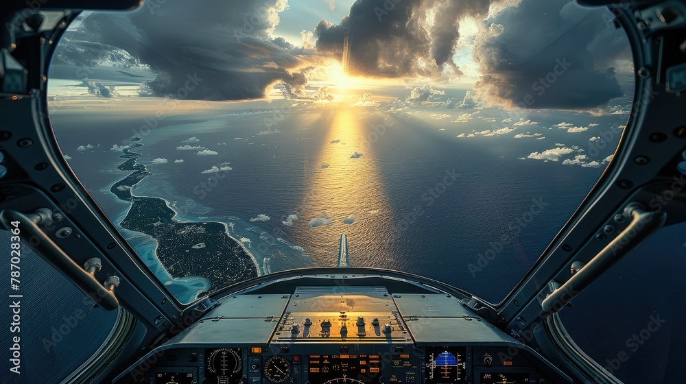 Poster the cockpit of a jet, looking forward, can see the sky and the ocean. generative ai.