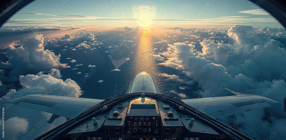 Poster the cockpit of a jet, looking forward, can see the sky and the ocean. generative ai.