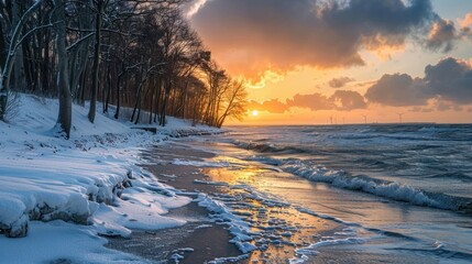 Winter landscape of Baltic Sea coast in Gdynia OrÅ‚owo at sunrise, Baltic Sea. Poland - obrazy, fototapety, plakaty