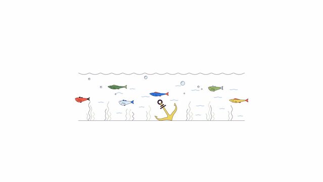 Heard of fishes swimming past anchor line 2D characters animation. Underwater creatures flat color cartoon 4K video, alpha channel. Water habitats activity animated scene on white background