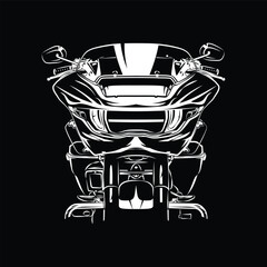 New Road Touring Motorcycle Silhouette Vector Front View on Black background. Can be used for printed on motorcycle club t-shirt, background, banner, posters, icon, web, etc.