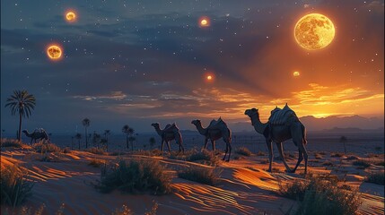 Evening sky in a desert, some camels are walking , there are few Translucent futuristic inorganic flowers and grass. Generative AI. - obrazy, fototapety, plakaty