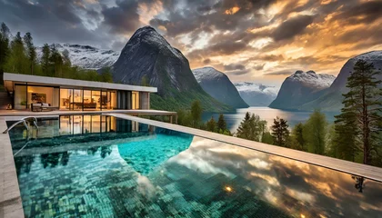 Papier Peint photo Lavable Europe du nord Modern Villa overlooking a Fjord in Norway