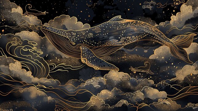 Sophisticated background portraying a whales journey through clouds, illustrated in golden lines to create a luxurious visual experience