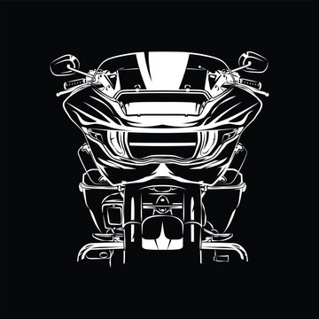 New Road Touring Motorcycle Silhouette Vector Front View on Black background. Can be used for printed on motorcycle club t-shirt, background, banner, posters, icon, web, etc.