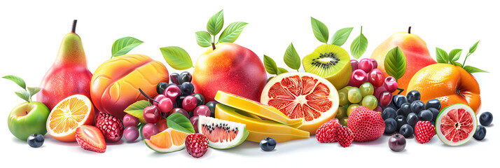 Different fruits on white background with copy space Set of fruits and berries Tropical fruits Shop banner Fruit set. 