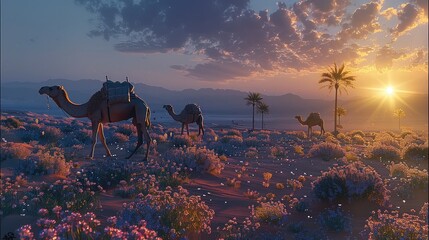 Evening sky in a desert, some camels are walking , there are few Translucent futuristic inorganic flowers and grass. Generative AI.