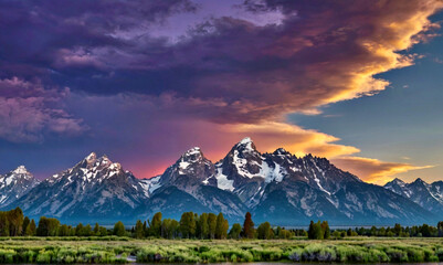 Sunset over mountains, Grand Tetons, Grand Teton National Park, Wyoming - obrazy, fototapety, plakaty