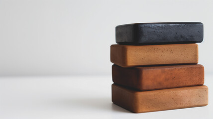 Stack of four natural soap bars in varying shades on a white background, indicating eco-friendly products.